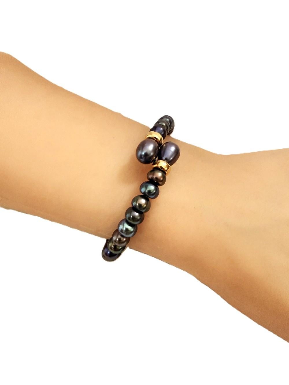 Women's Natural Peacock Single Strand Pearl Bypass Bracelet w 14k Yellow Gold Beads For Sale
