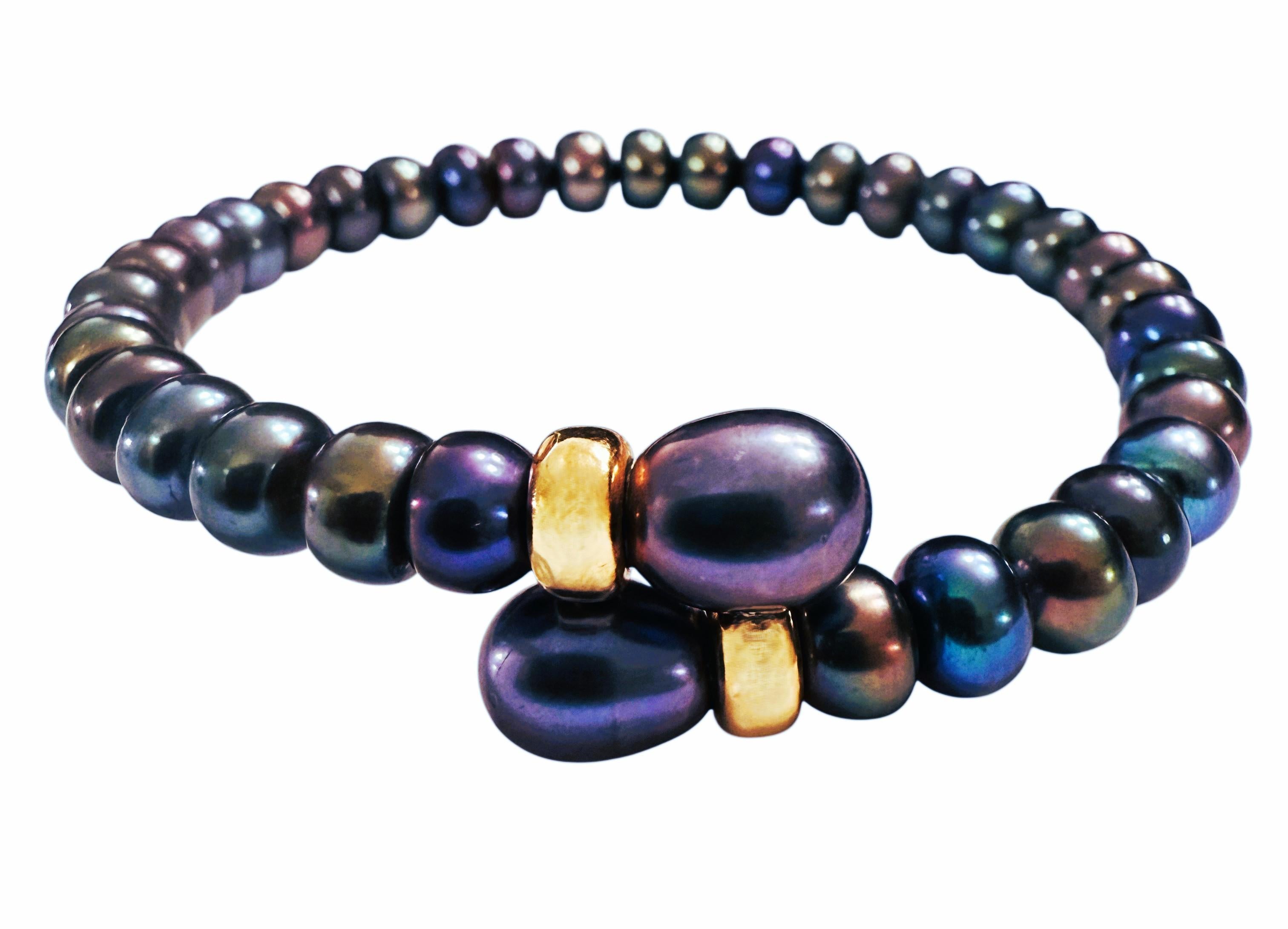 Natural Peacock Single Strand Pearl Bypass Bracelet w 14k Yellow Gold Beads For Sale 1