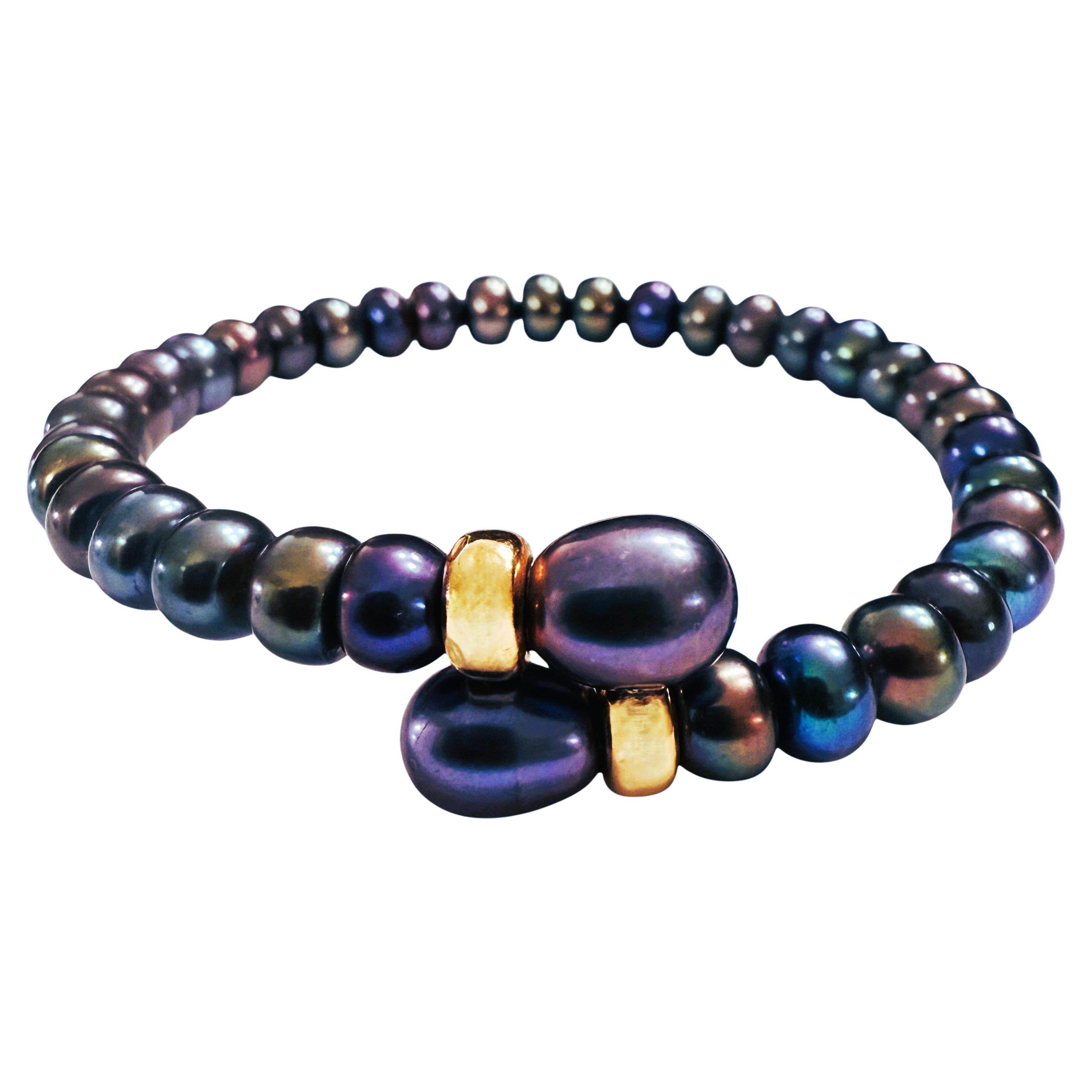 Natural Peacock Single Strand Pearl Bypass Bracelet w 14k Yellow Gold Beads For Sale