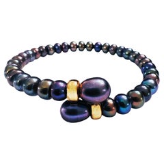 Natural Peacock Single Strand Pearl Bypass Bracelet w 14k Yellow Gold Beads