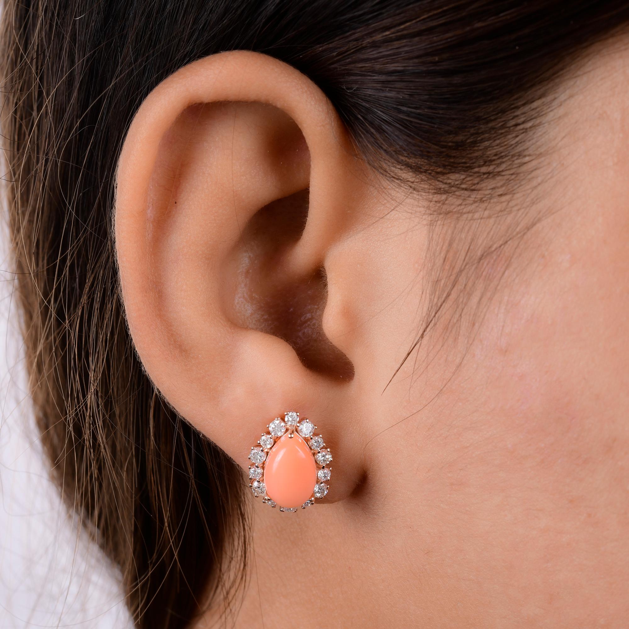 Modern Natural Pear Coral Gemstone Stud Earrings Diamond 14 Karat Rose Gold Jewelry For Sale