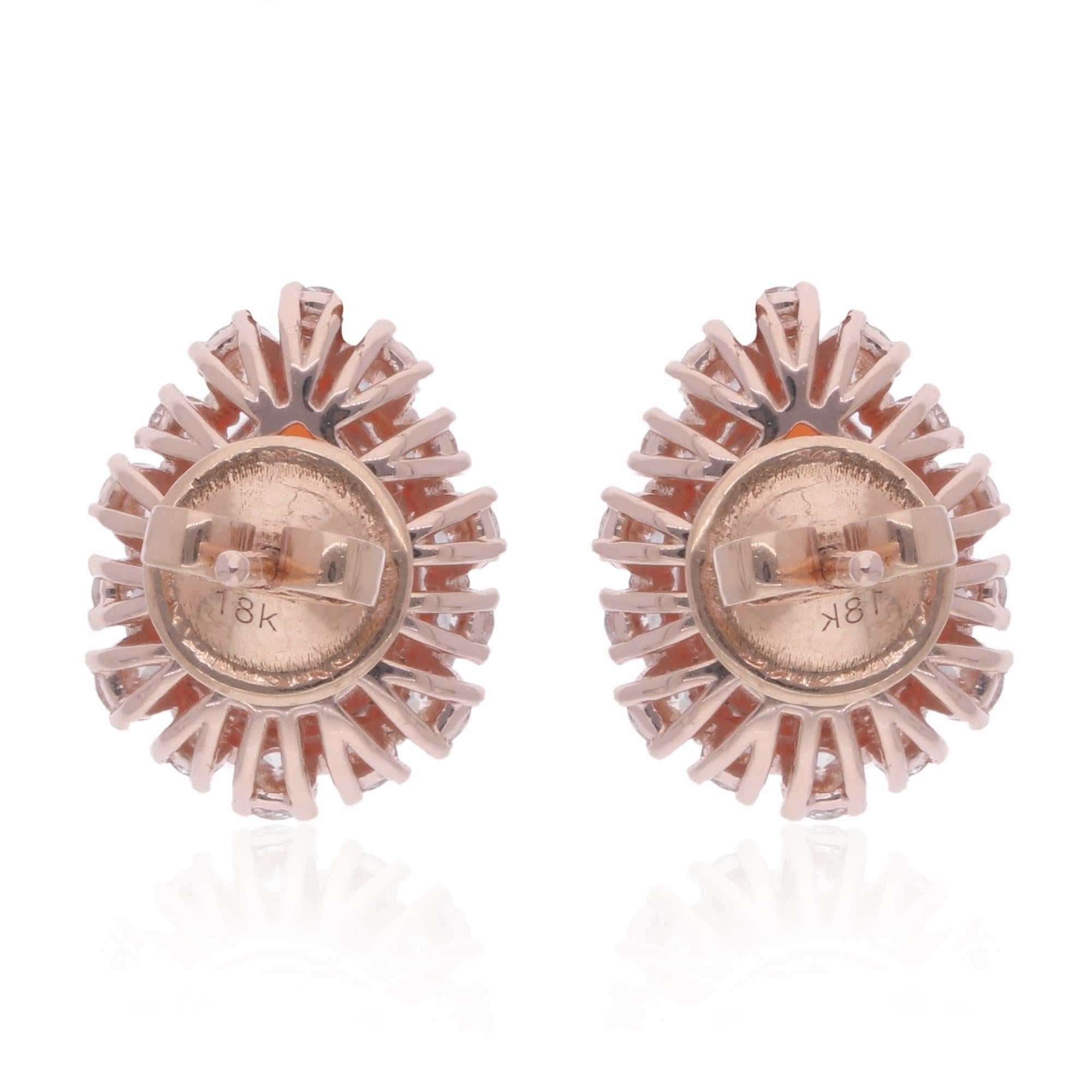 Pear Cut Natural Pear Coral Gemstone Stud Earrings Diamond 14 Karat Rose Gold Jewelry For Sale