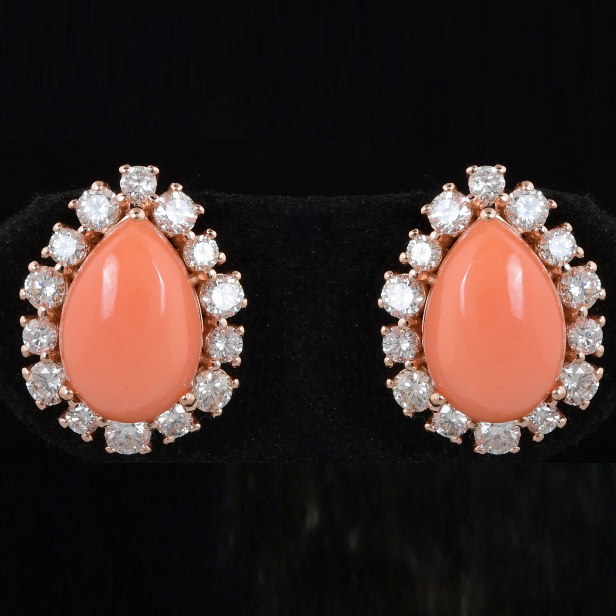 Women's Natural Pear Coral Gemstone Stud Earrings Diamond 14 Karat Rose Gold Jewelry For Sale