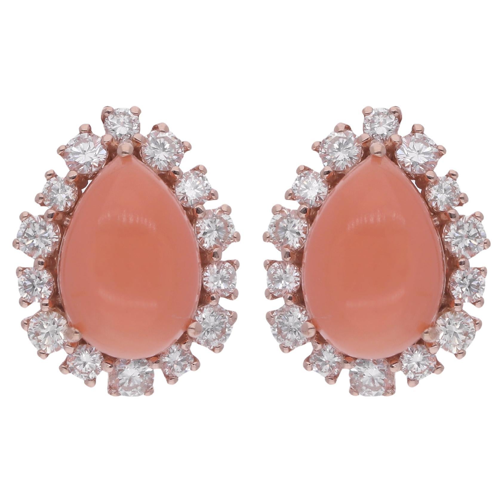 Natural Pear Coral Gemstone Stud Earrings Diamond 14 Karat Rose Gold Jewelry For Sale