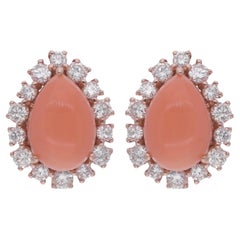 Vintage Natural Pear Coral Gemstone Stud Earrings Diamond 14 Karat Rose Gold Jewelry