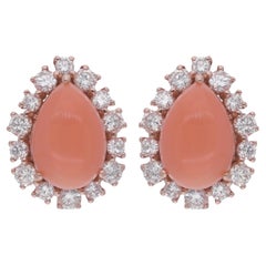 Natural Pear Coral Gemstone Stud Earrings Diamond 18 Karat Rose Gold Jewelry