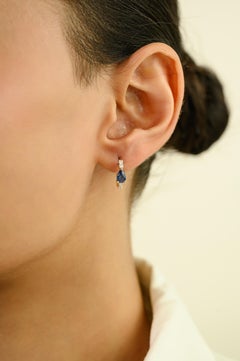 Natural Pear Cut Blue Sapphire & Diamond Huggie Hoop Earrings in 18K Yellow Gold