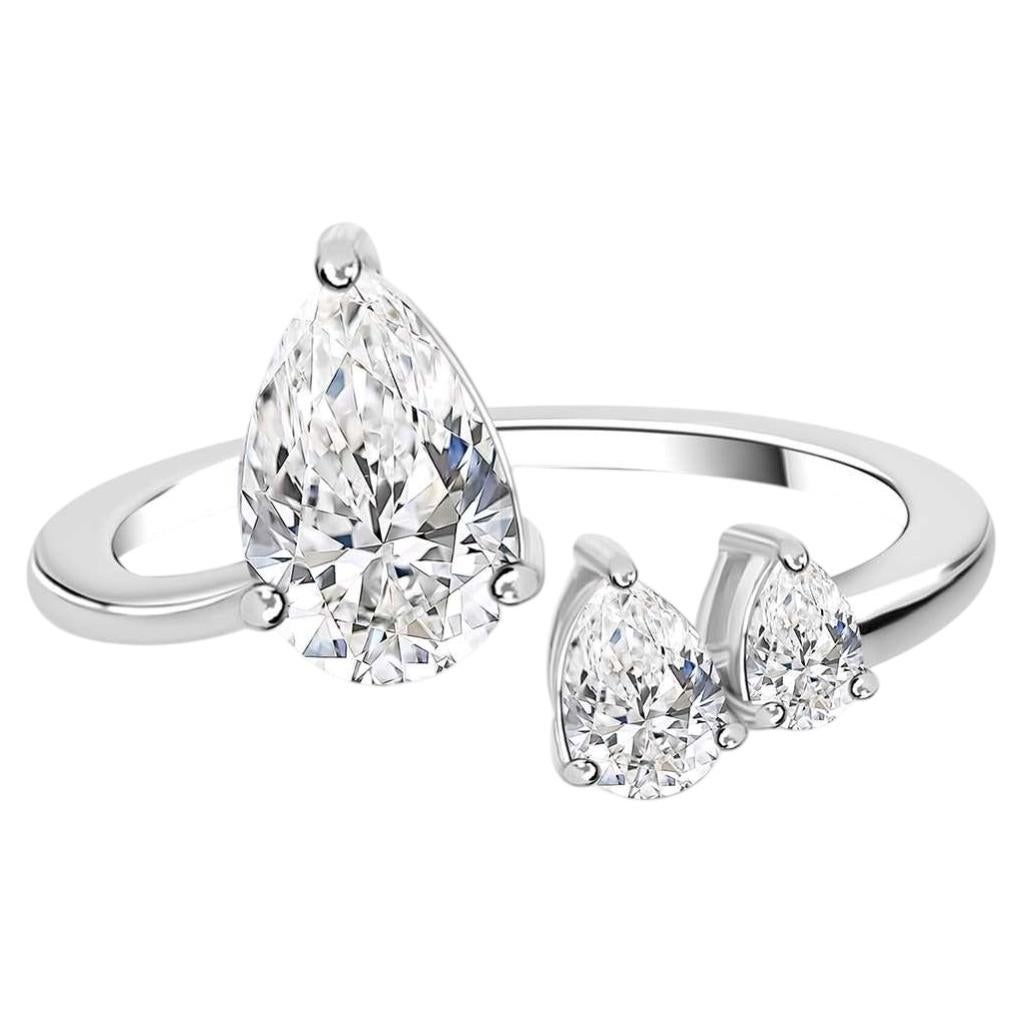 Natural 1.37 Carat Pear Cut Diamond Bypass Ring 18K White Gold Fine Jewelry
