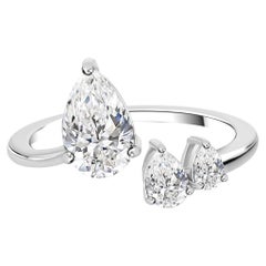Natural 1.37 Carat Pear Cut Diamond Bypass Ring 18K White Gold Fine Jewelry