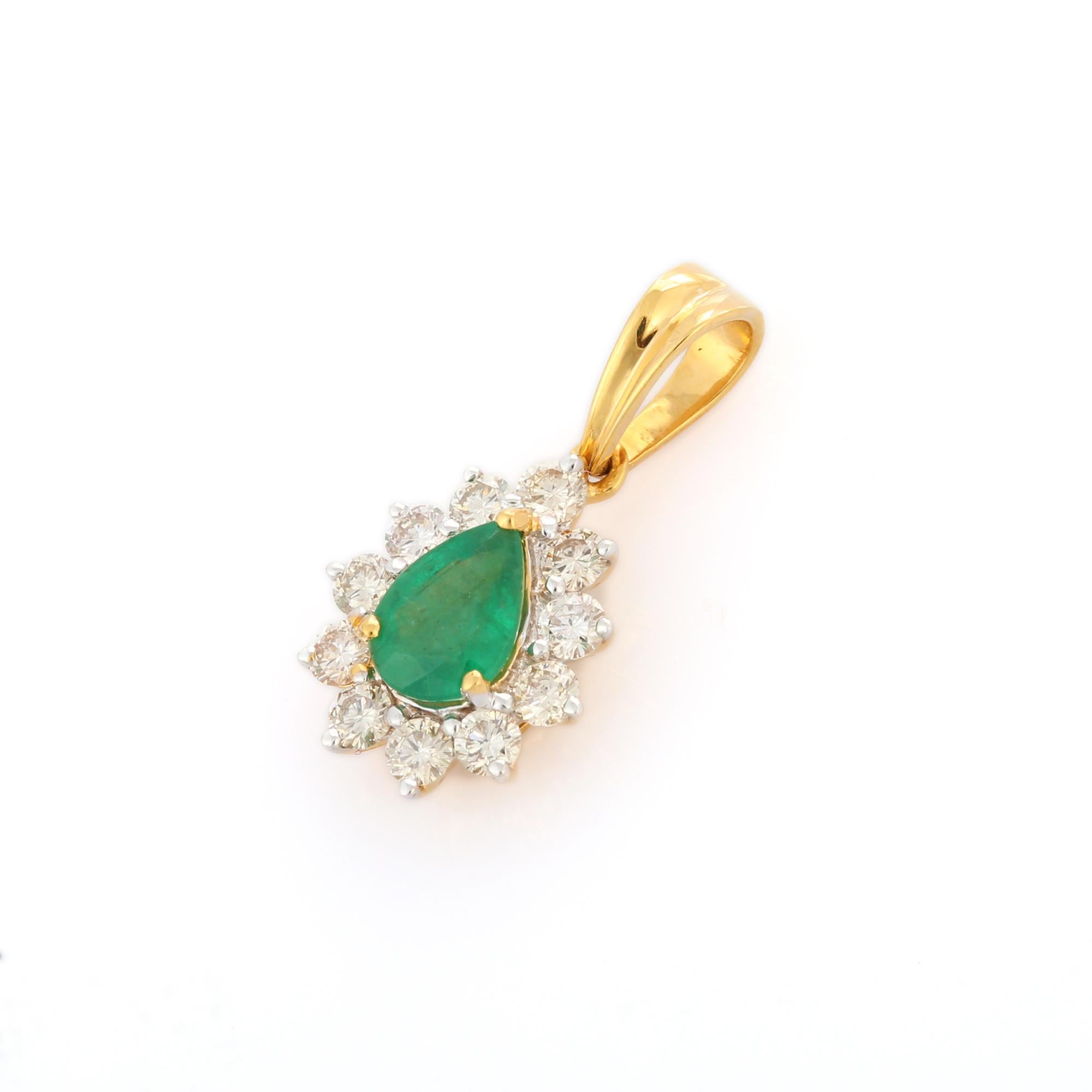 Natural Emerald pendant in 18K Gold. It has a pear cut emerald studded with diamonds that completes your look with a decent touch. Pendants are used to wear or gifted to represent love and promises. It's an attractive jewelry piece that goes with
