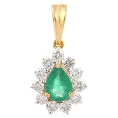Natural Pear Cut Emerald and Diamond Pendant Necklace in 18K Yellow Gold