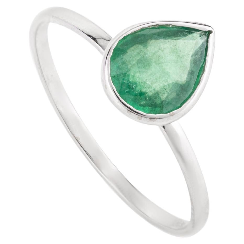 For Sale:  Natural Pear Cut Emerald Birthstone Ring Bezel Set in 18k White Gold Settings