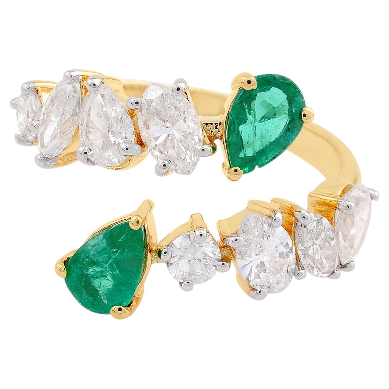 Natural Pear Cut Emerald SI/H Diamond Bypass Ring 14 Karat Yellow Gold