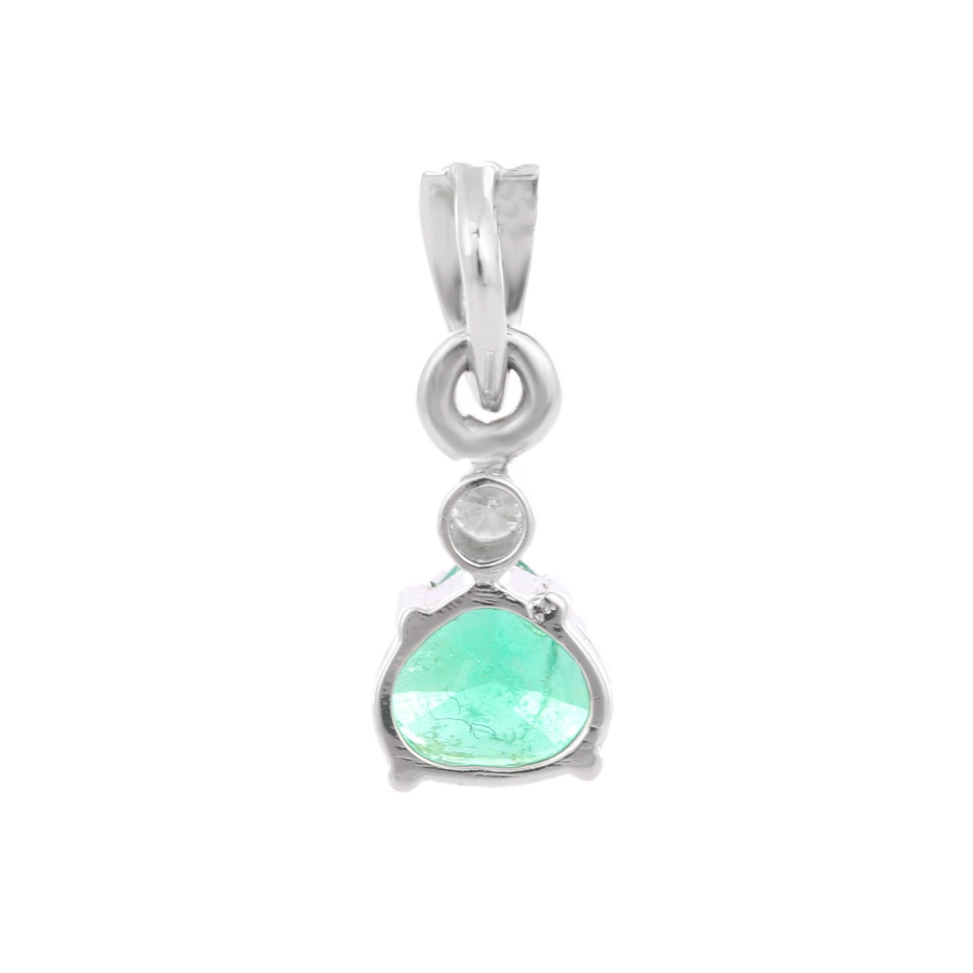 Modern Minimal Emerald Pendant with Diamond in 18K White Gold For Sale