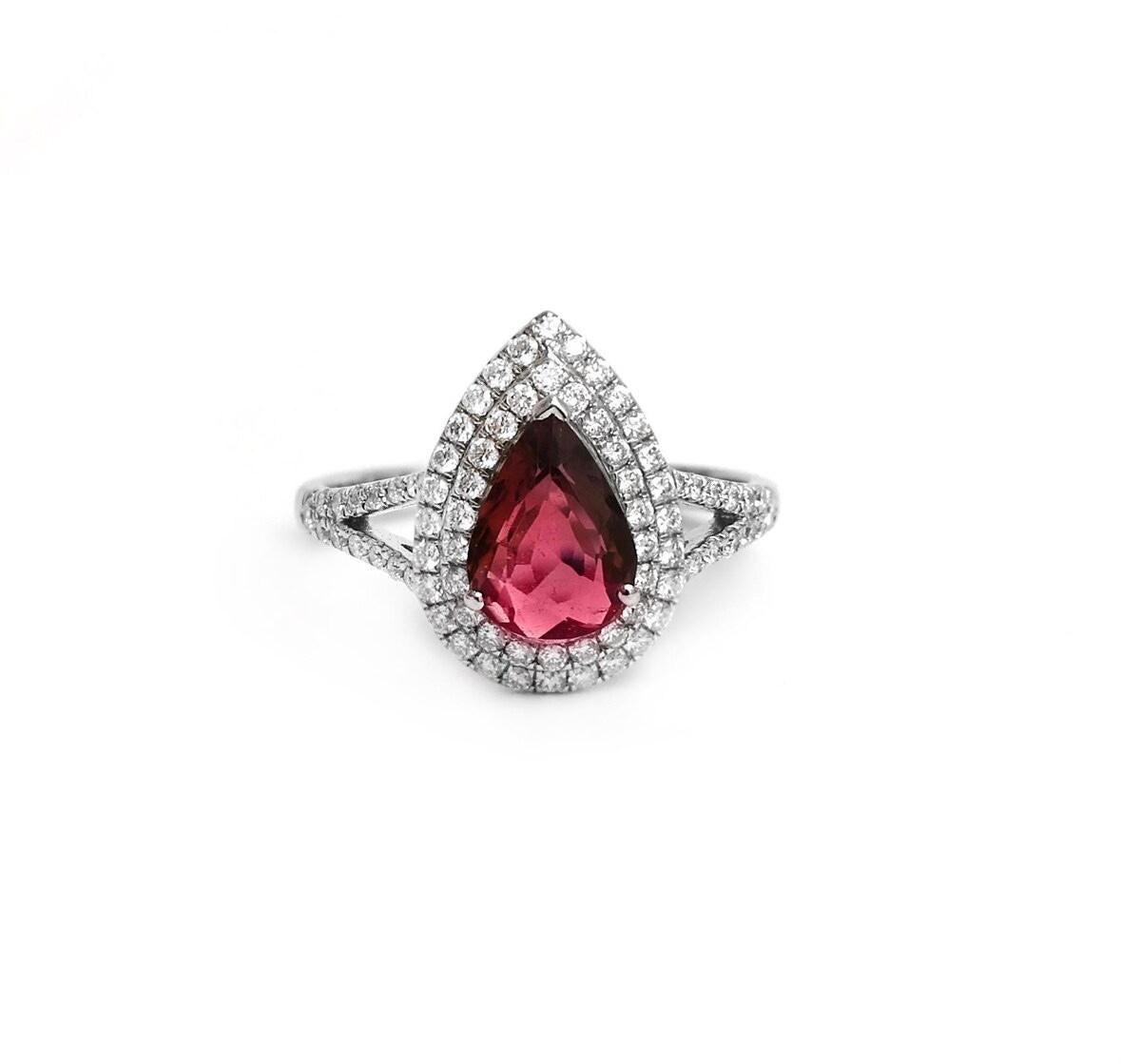 Women's Natural pear cut tourmaline 1.32cts & diamond 0.55 cts ring in 18k gold For Sale