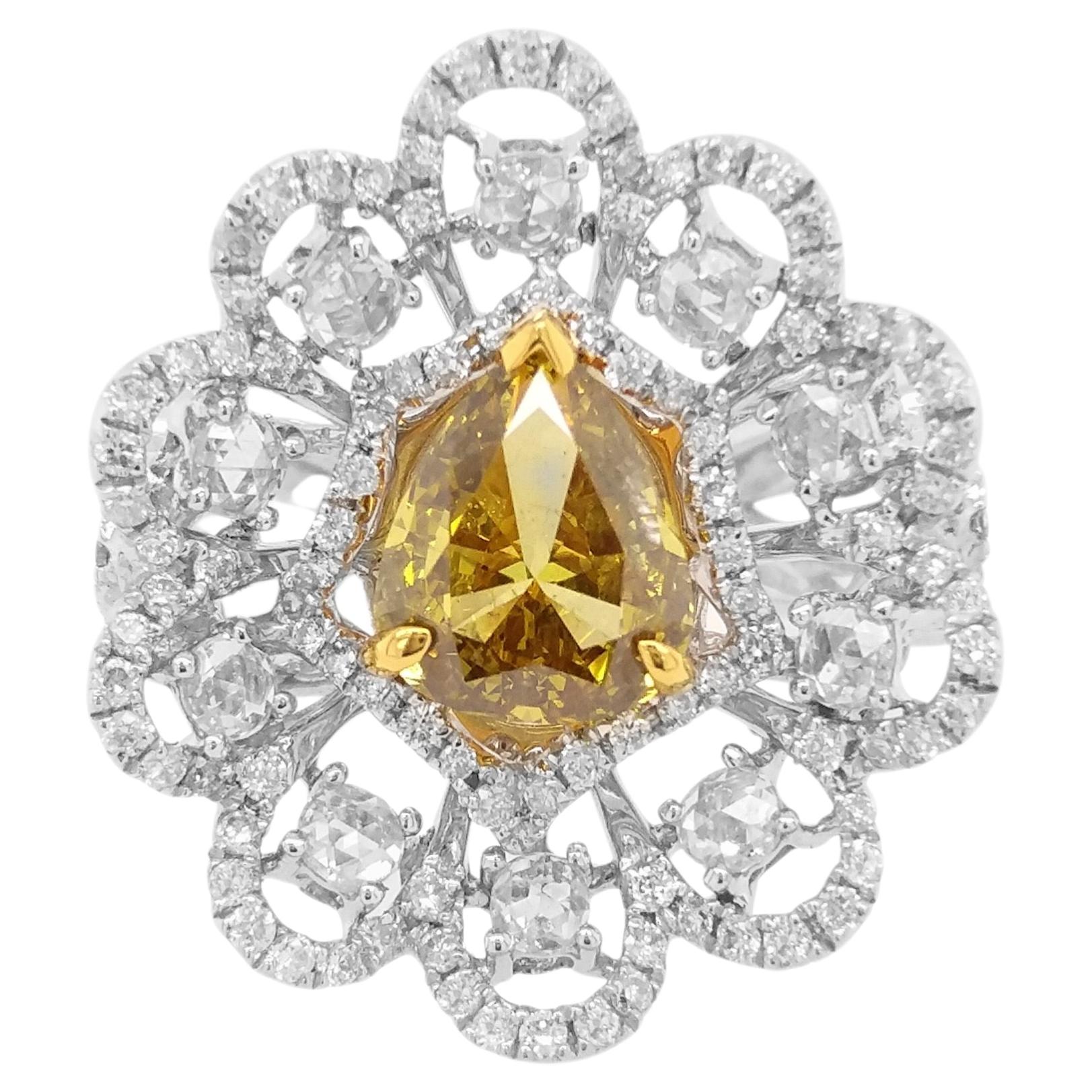 Natural Pear cut Yellow Diamond and White Diamond Cocktail Ring in 18K Gold