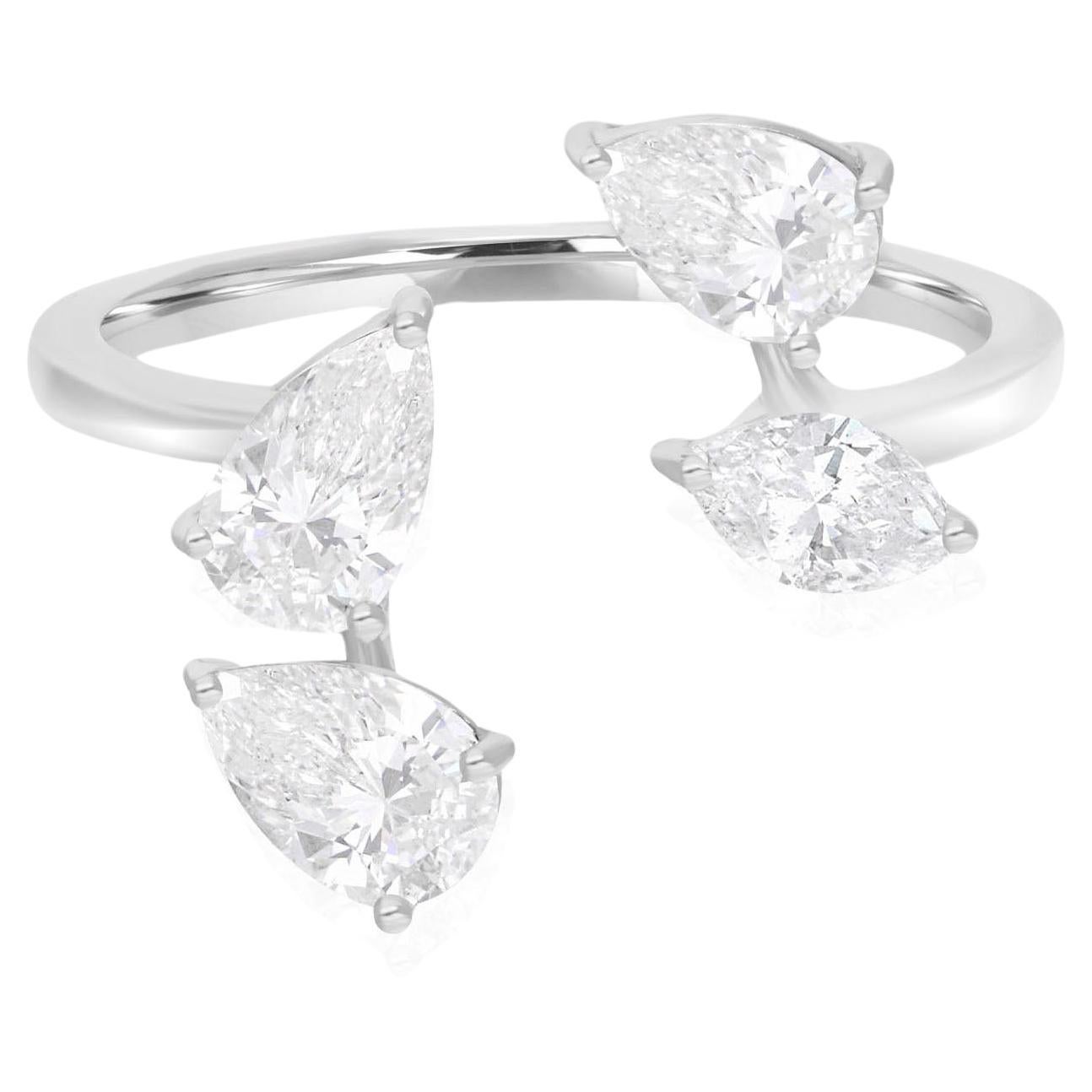 Natural Pear Diamond Cuff Ring 18 Karat White Gold Handmade Jewelry For Sale