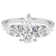 Natural Pear Diamond Engagement Ring 18K White Gold Three Stone Statement Ring