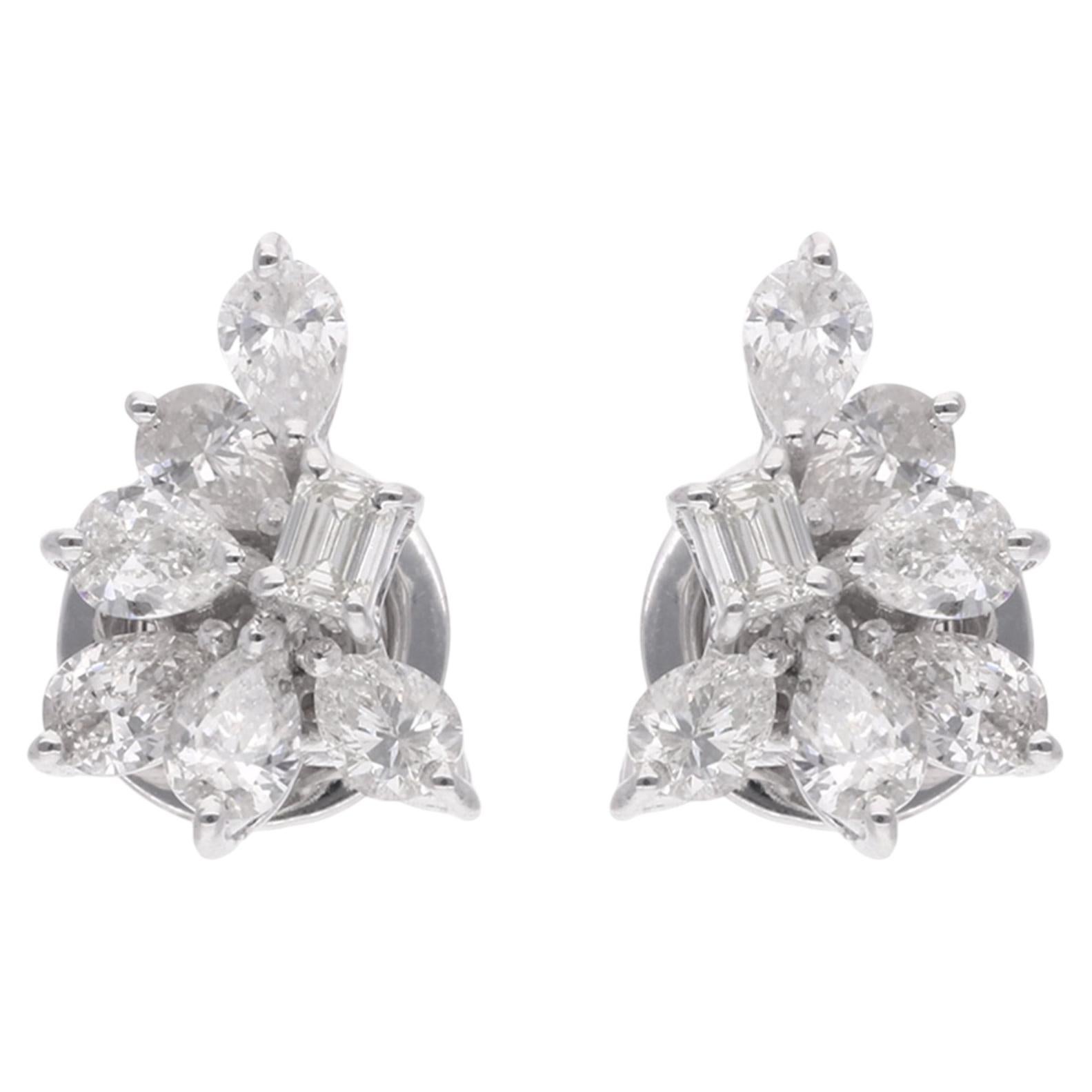 Natural Pear & Emerald Cut Diamond Stud Earrings 18 Karat White Gold Jewelry