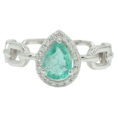 Natural Pear Emerald & Diamond Chain Link Ring in 14K Solid Gold (Certified)