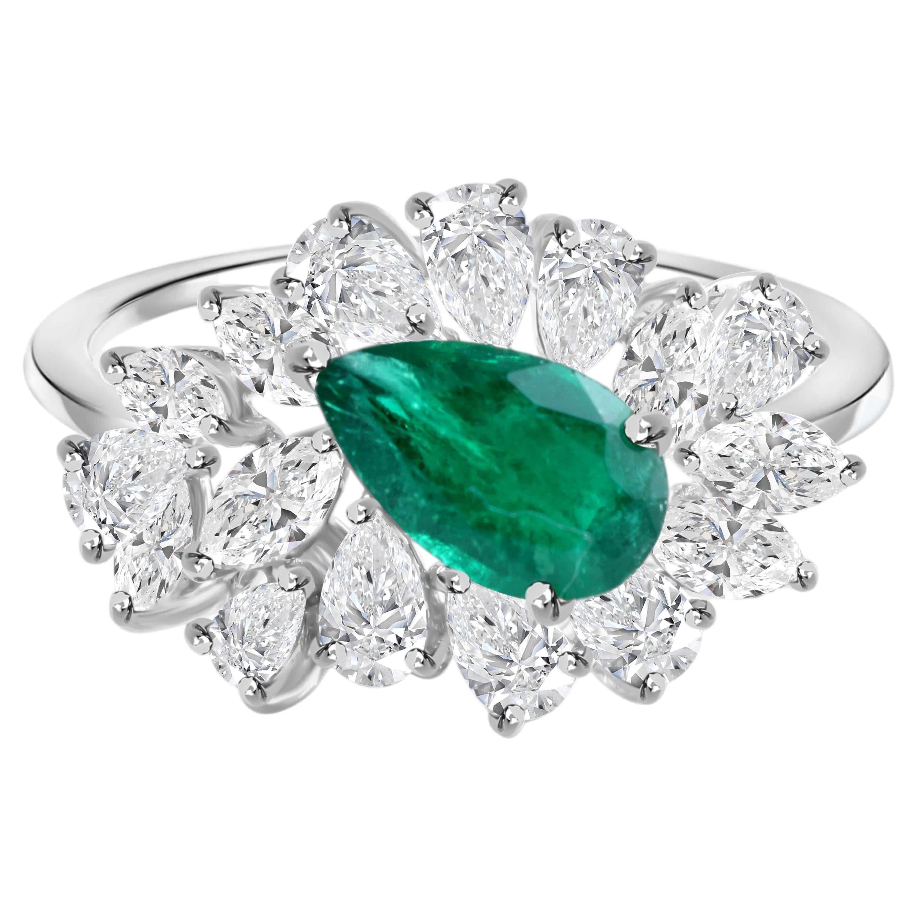 Natural Pear Emerald Diamond Cluster Halo Ring, 2.00 Ct Total, White Gold