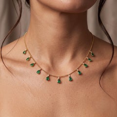 Hängende Kugelkette mit natürlicher Birne, Smaragd und Diamanten aus 14-karätigem Gelbgold