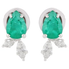 Natural Pear Emerald Diamond Stud Earrings 14 Karat White Gold Handmade Jewelry