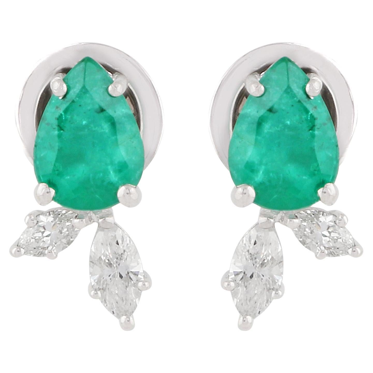 Natural Pear Emerald Diamond Stud Earrings 18 Karat White Gold Handmade Jewelry