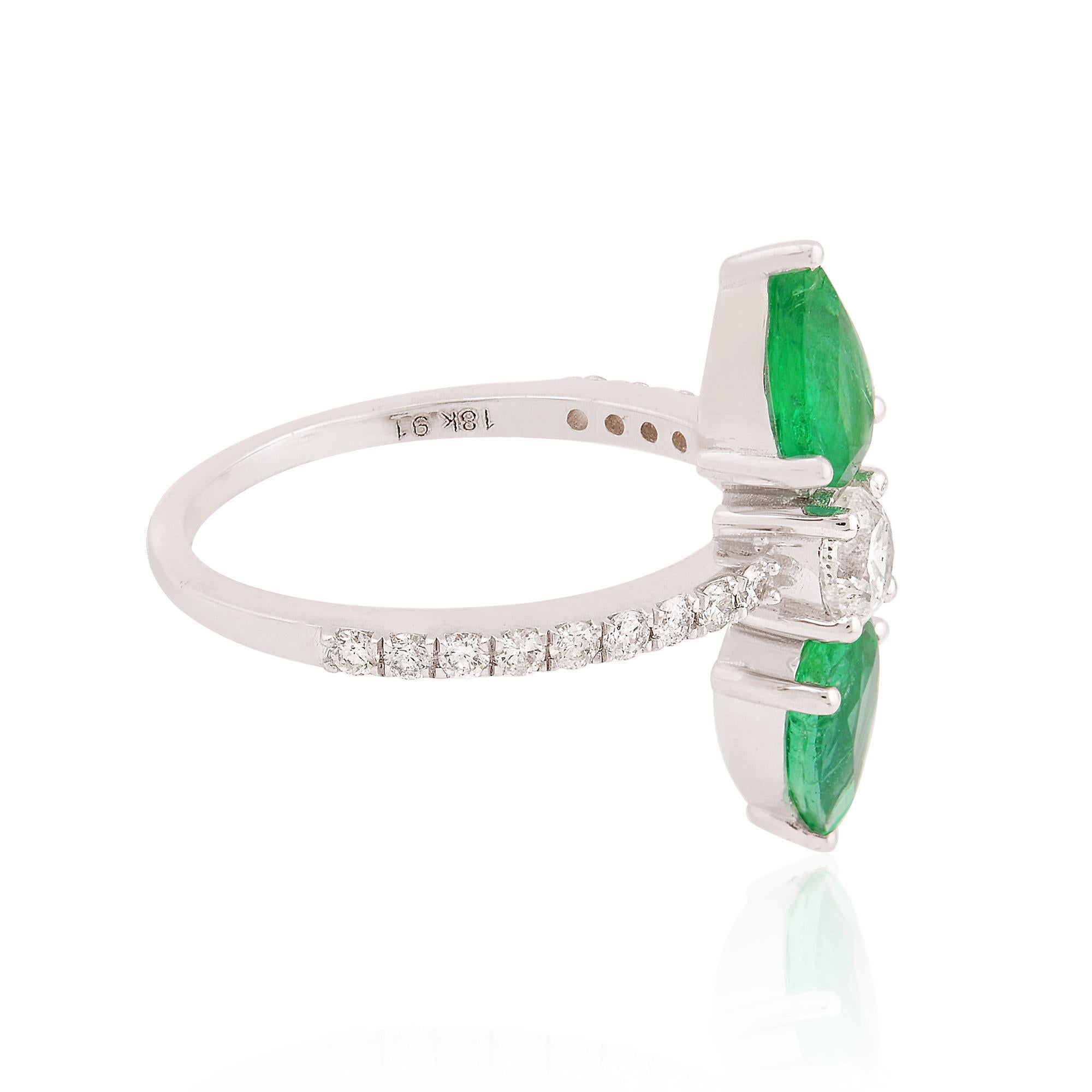 Modern Natural Pear Emerald Gemstone Band Ring Diamond Solid 14k White Gold Jewelry For Sale