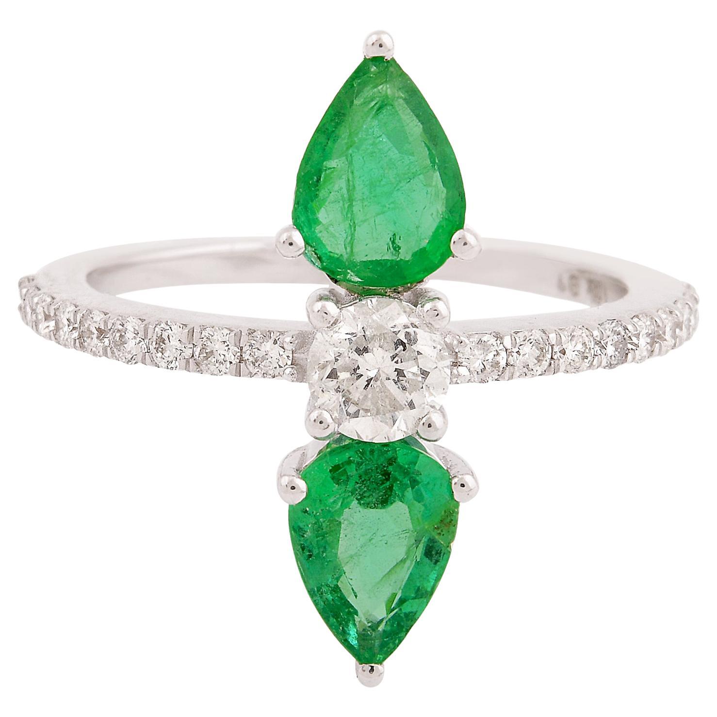 Natural Pear Emerald Gemstone Band Ring Diamond Solid 14k White Gold Jewelry