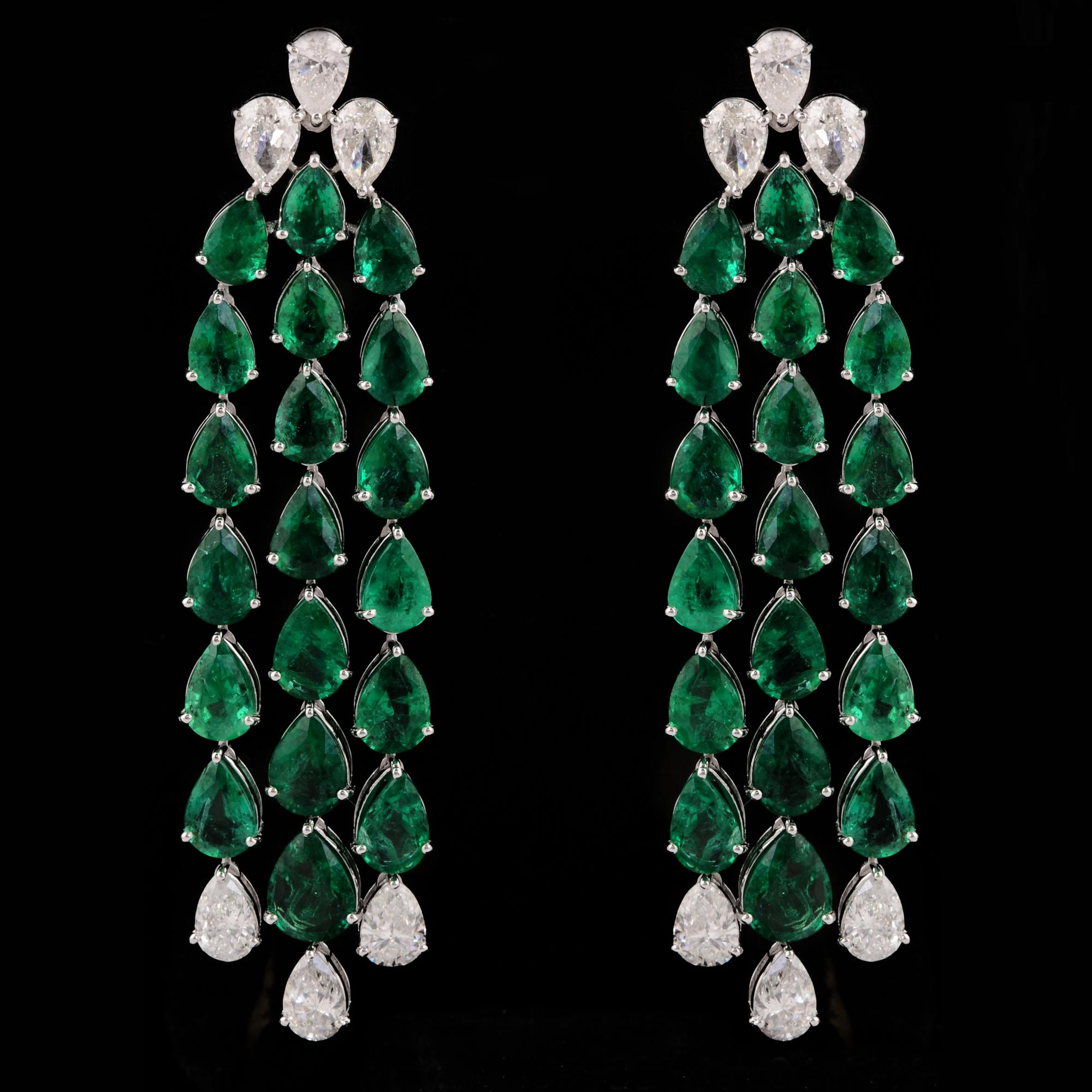 Pear Cut Pear Zambian Emerald Gemstone Chandelier Earrings Diamond 14 Karat White Gold For Sale
