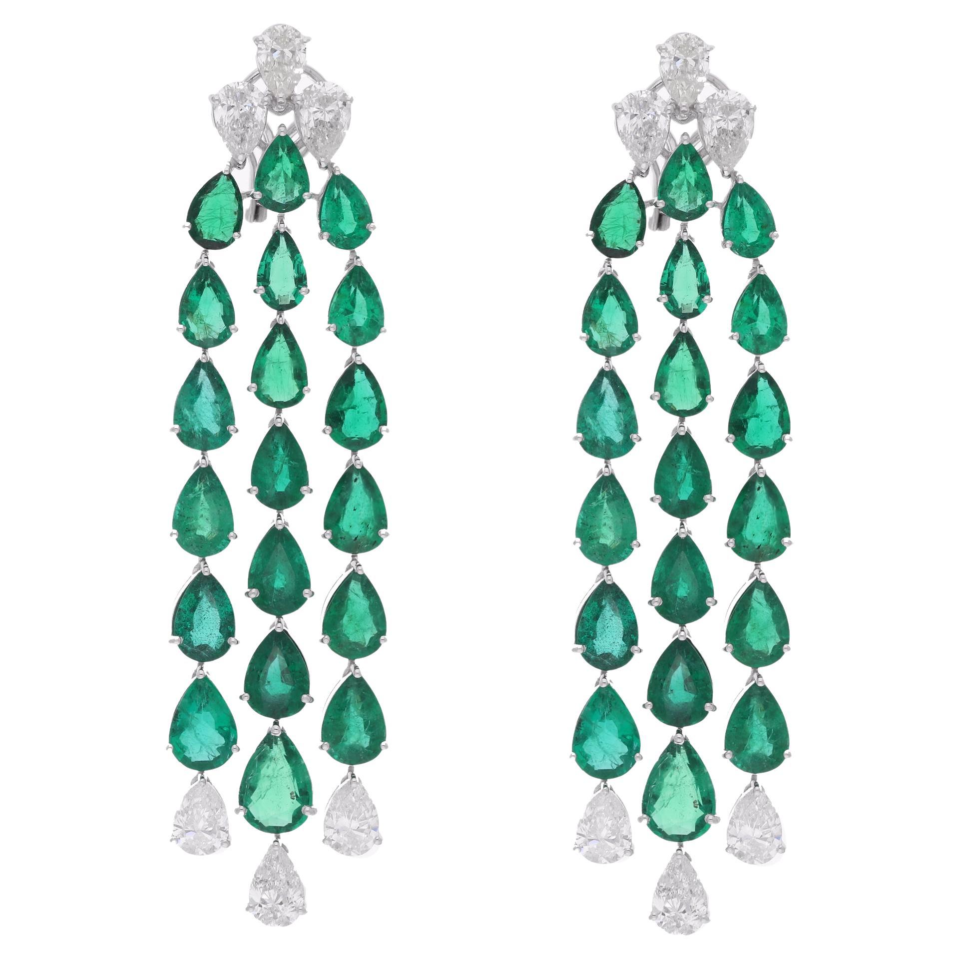 Natural Pear Emerald Gemstone Chandelier Earrings Diamond 18 Karat White Gold