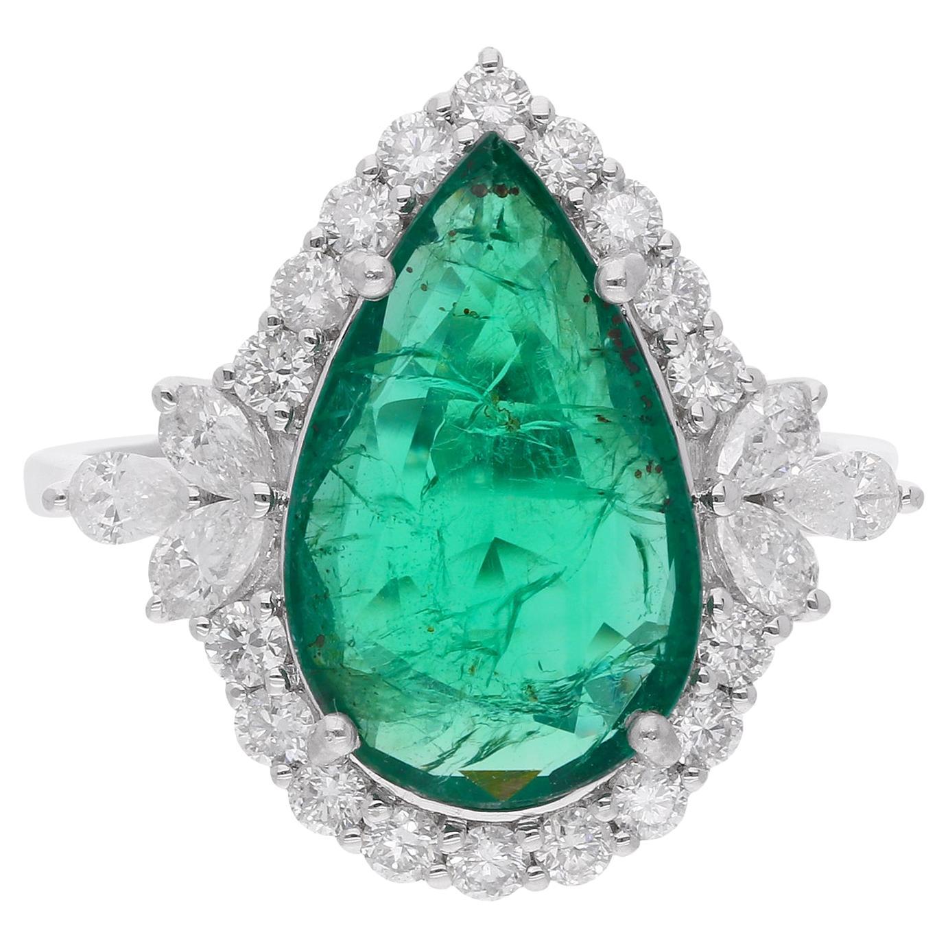 Natural Pear Emerald Gemstone Cocktail Ring Diamond Pave 18 Karat White Gold For Sale