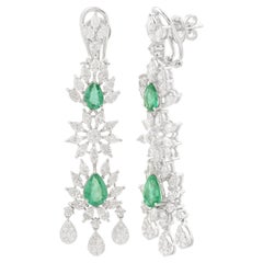 Natural Pear Emerald Gemstone Dangle Earrings Diamond 14k White Gold Jewelry