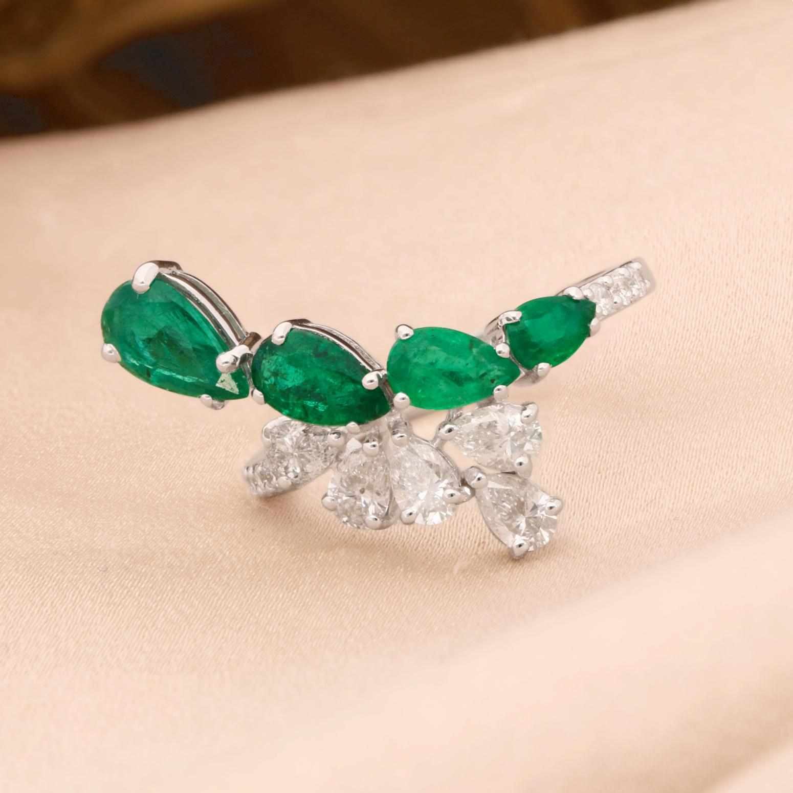 Pear Cut Natural Pear Emerald Gemstone Ring Diamond 14k White Gold Fine Handmade Jewelry For Sale