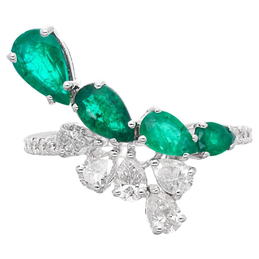 Natural Pear Emerald Gemstone Ring Diamond 14k White Gold Fine Handmade Jewelry For Sale