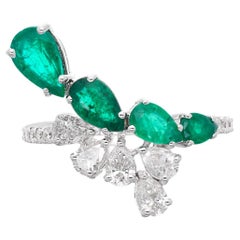 Natural Pear Emerald Gemstone Ring Diamond 18k White Gold Fine Handmade Jewelry