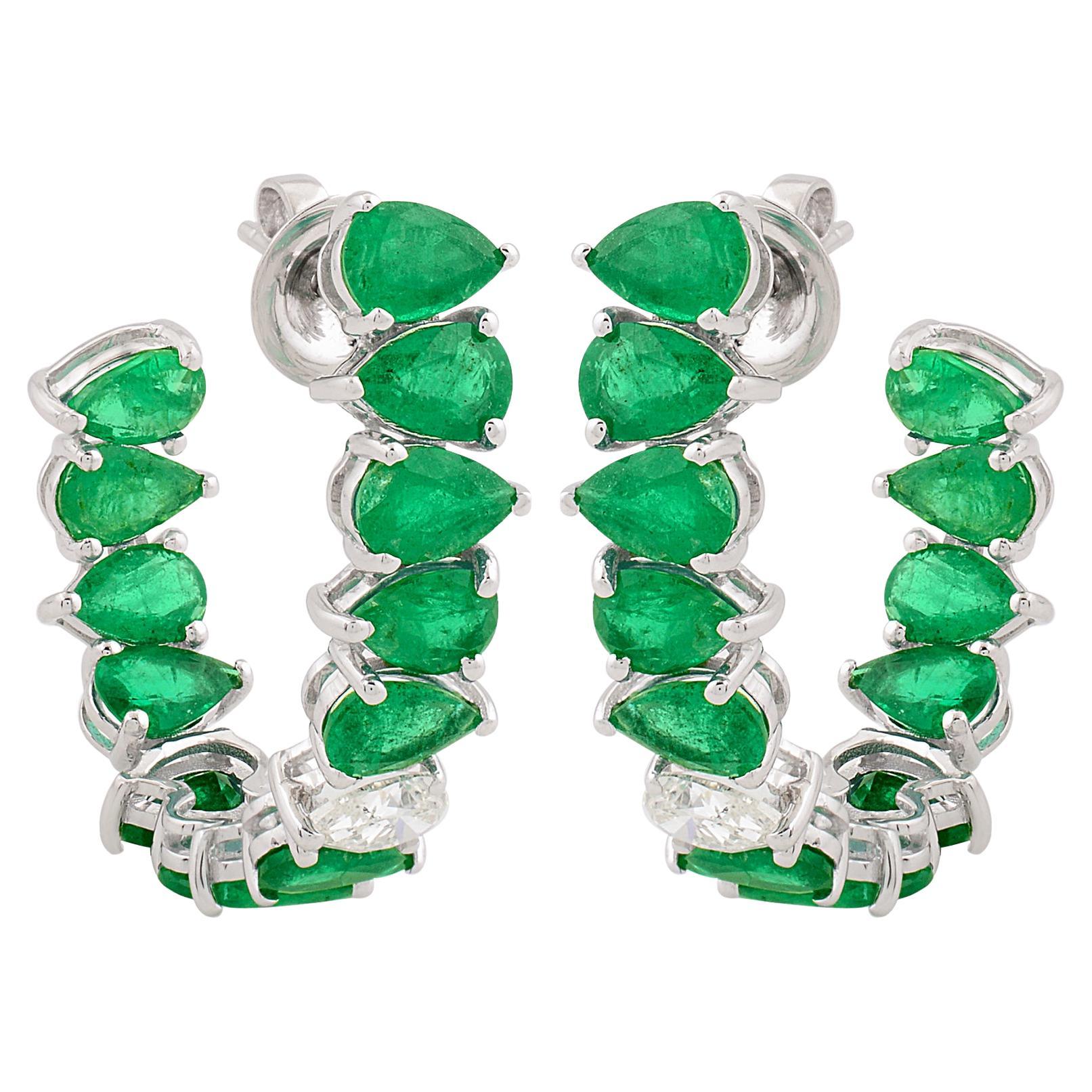 Natural Pear Emerald Hoop Earrings Diamond Solid 14k White Gold Handmade Jewelry