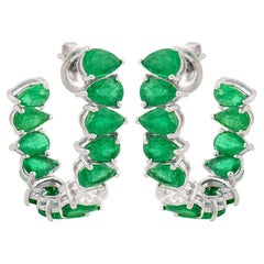 Natural Pear Emerald Hoop Earrings Diamond Solid 14k White Gold Handmade Jewelry