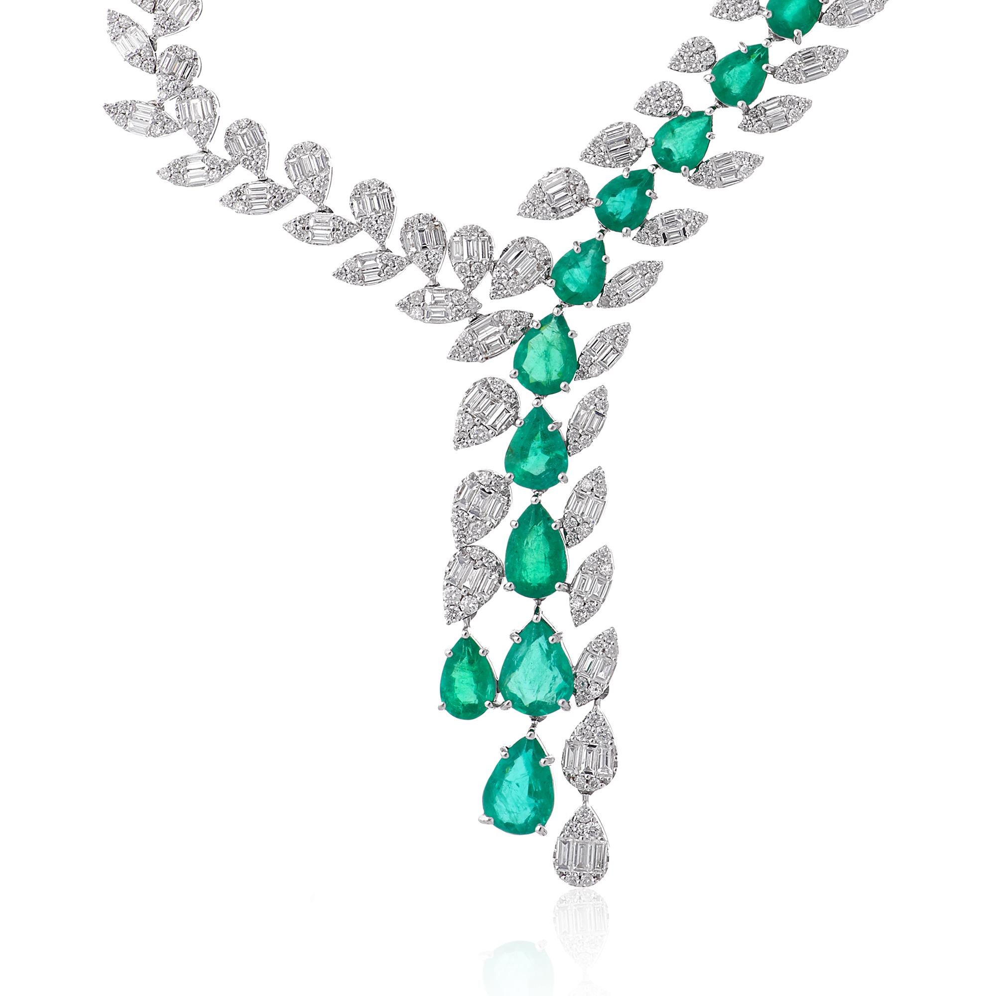 Introducing our exquisite natural pear emerald necklace with baguette diamonds, a stunning piece of fine jewelry crafted in 14 karat white gold. This necklace showcases the timeless beauty of emeralds and the brilliance of baguette diamonds,