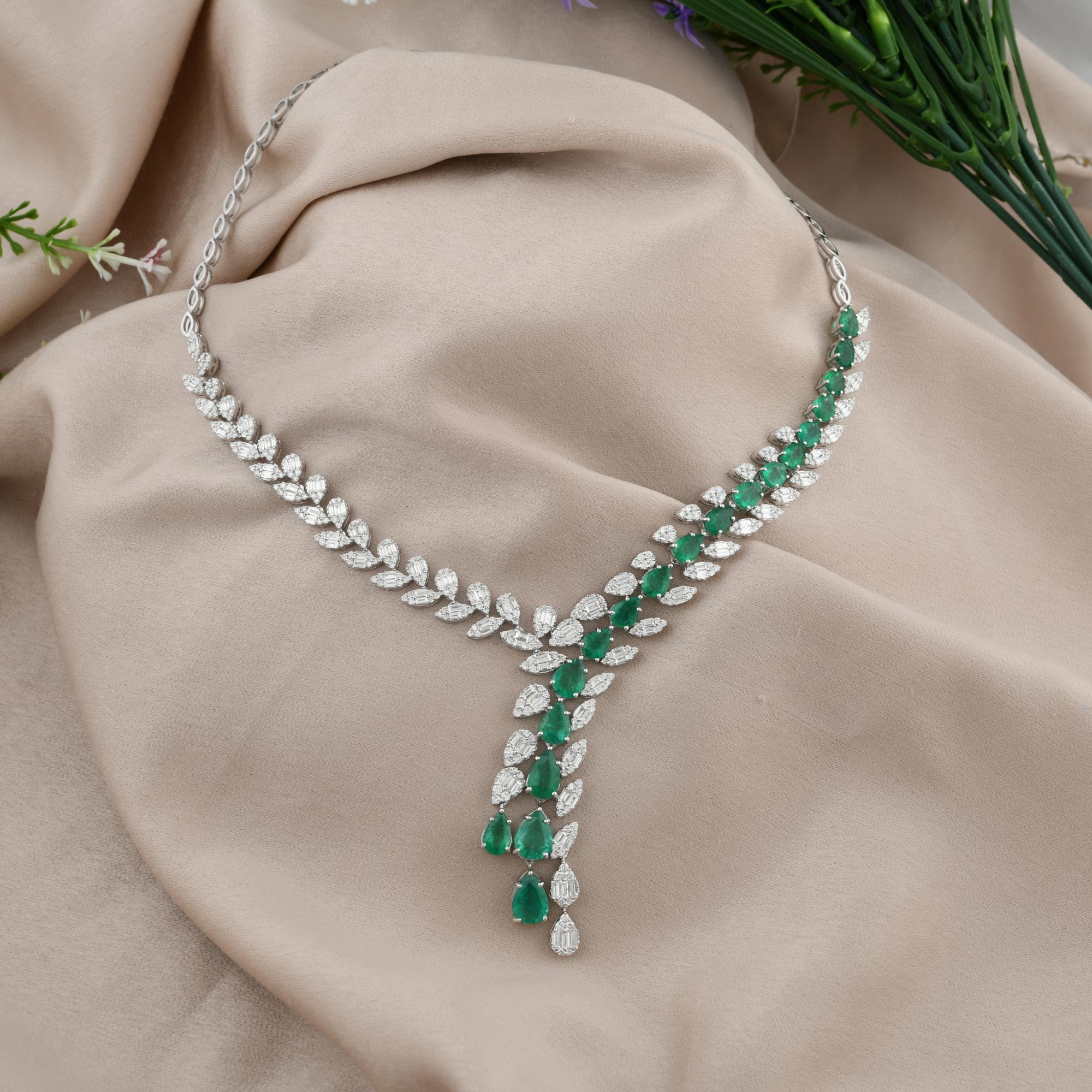 Modern Natural Pear Emerald Necklace Baguette Diamond 14 Karat White Gold Fine Jewelry For Sale