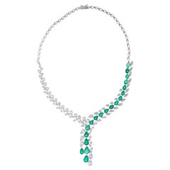 Natural Pear Emerald Necklace Baguette Diamond 14 Karat White Gold Fine Jewelry