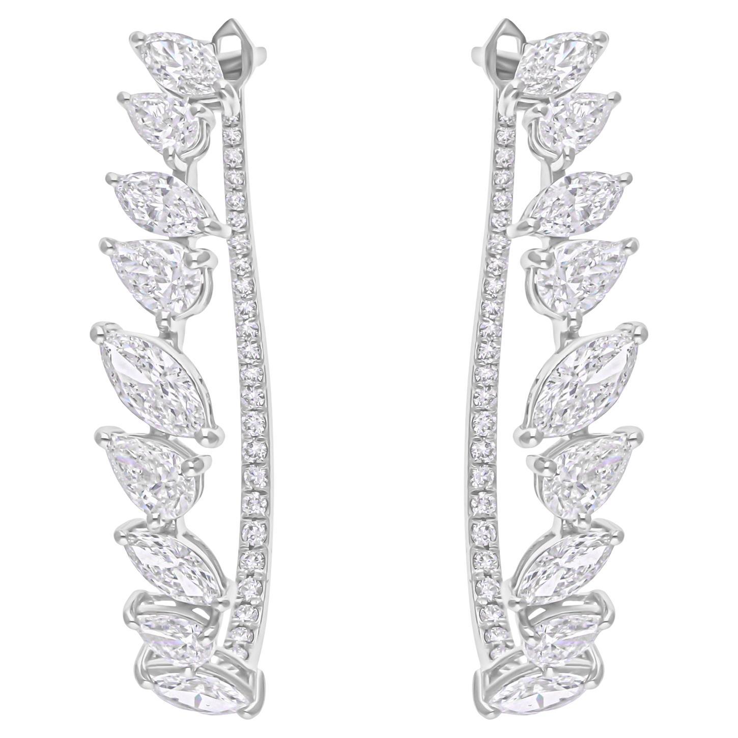 Créoles en or blanc 14 carats avec diamants ronds taille poire marquise naturelle
