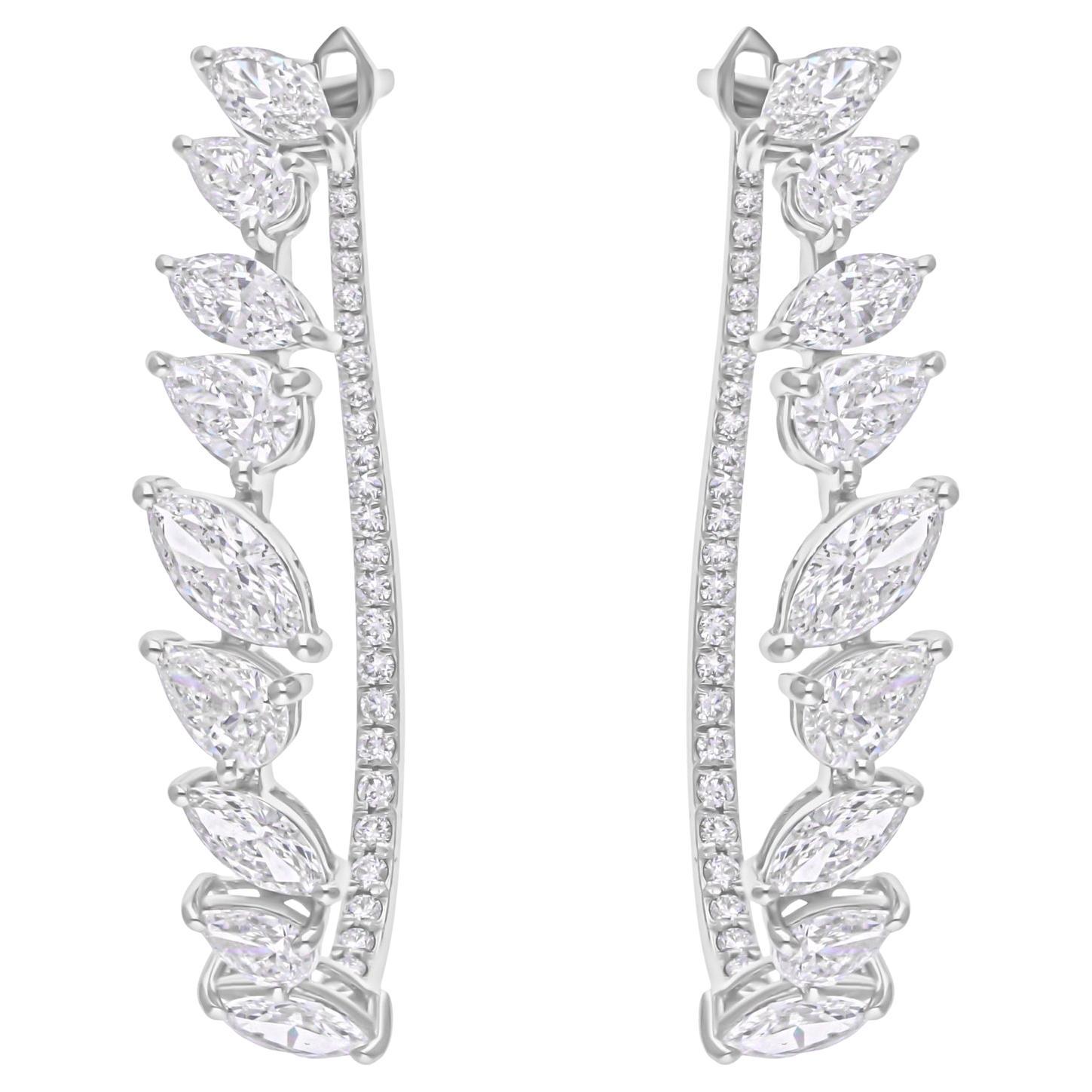 Natural Pear Marquise Round Diamond Hoop Earrings 18 Karat White Gold Jewelry