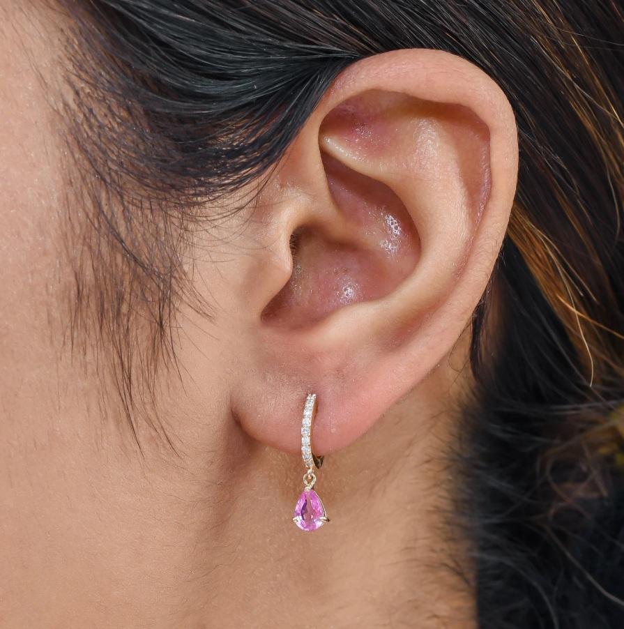 Natural pear pink sapphire diamond earrings in 14k  gold (Asscher-Schliff) im Angebot