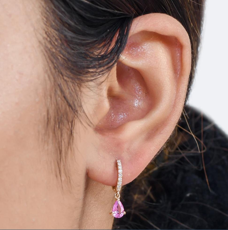 Natural pear pink sapphire diamond earrings in 14k  gold im Angebot 1