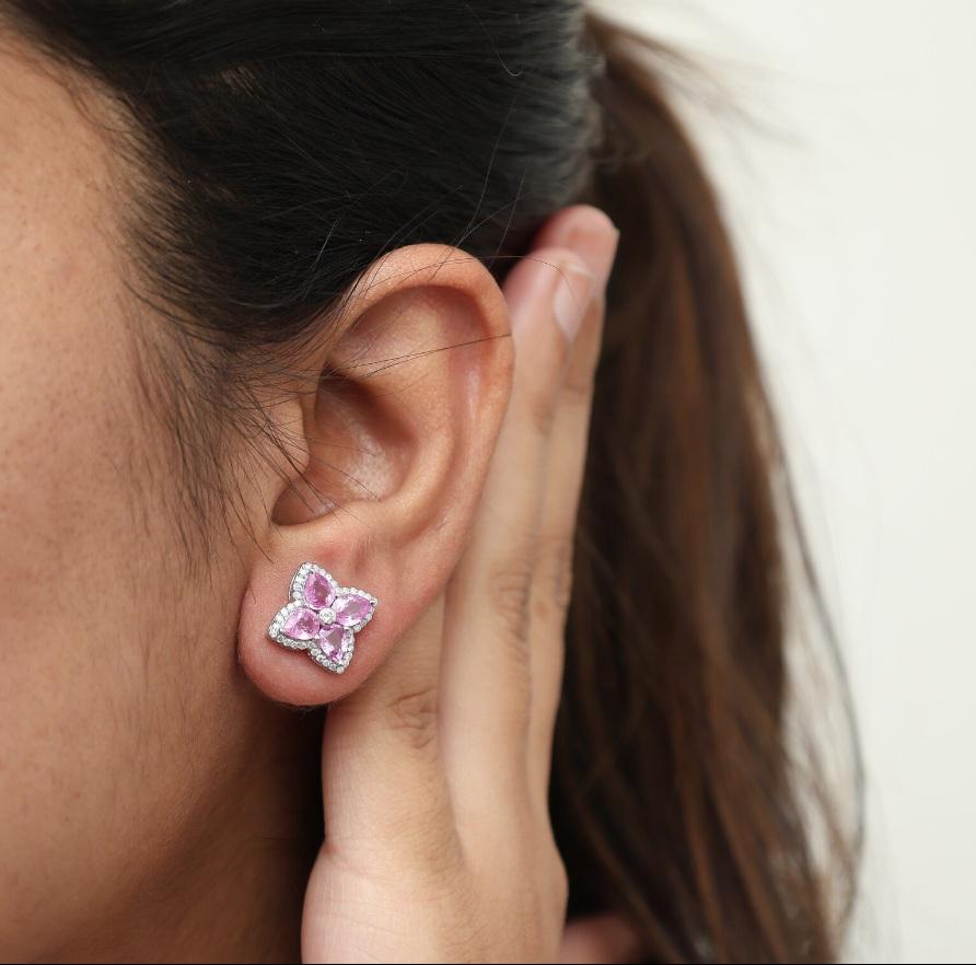 Taglio Asscher Orecchini a perno con zaffiro rosa naturale e diamante in oro 18 carati in vendita