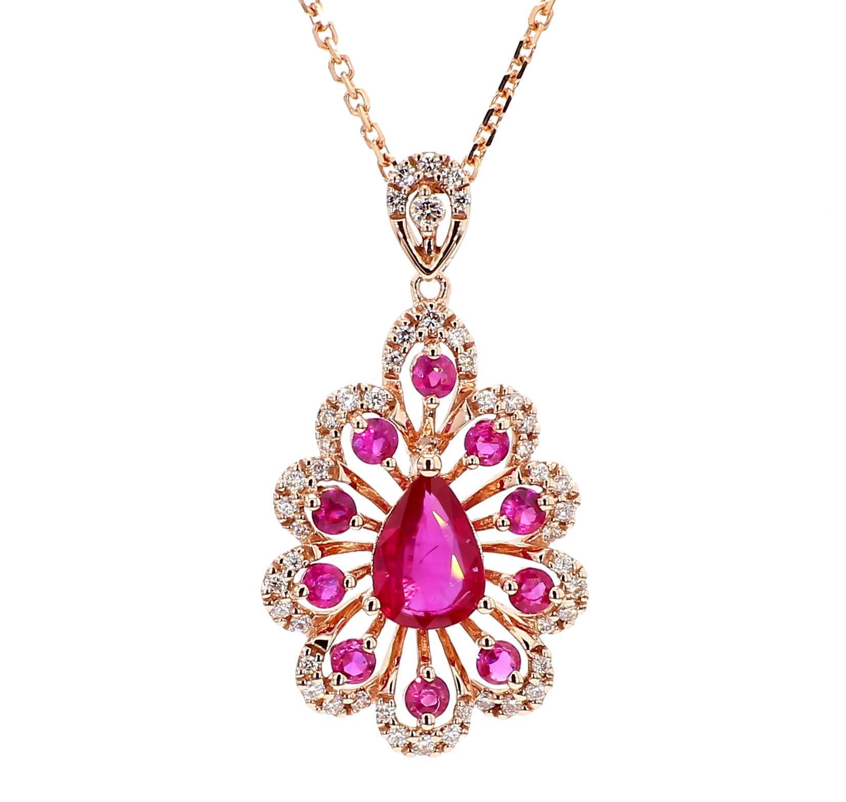 Colgante de oro en forma de gota de rubí rojo pera natural y diamante blanco de 1,36 quilates TW Contemporáneo en venta