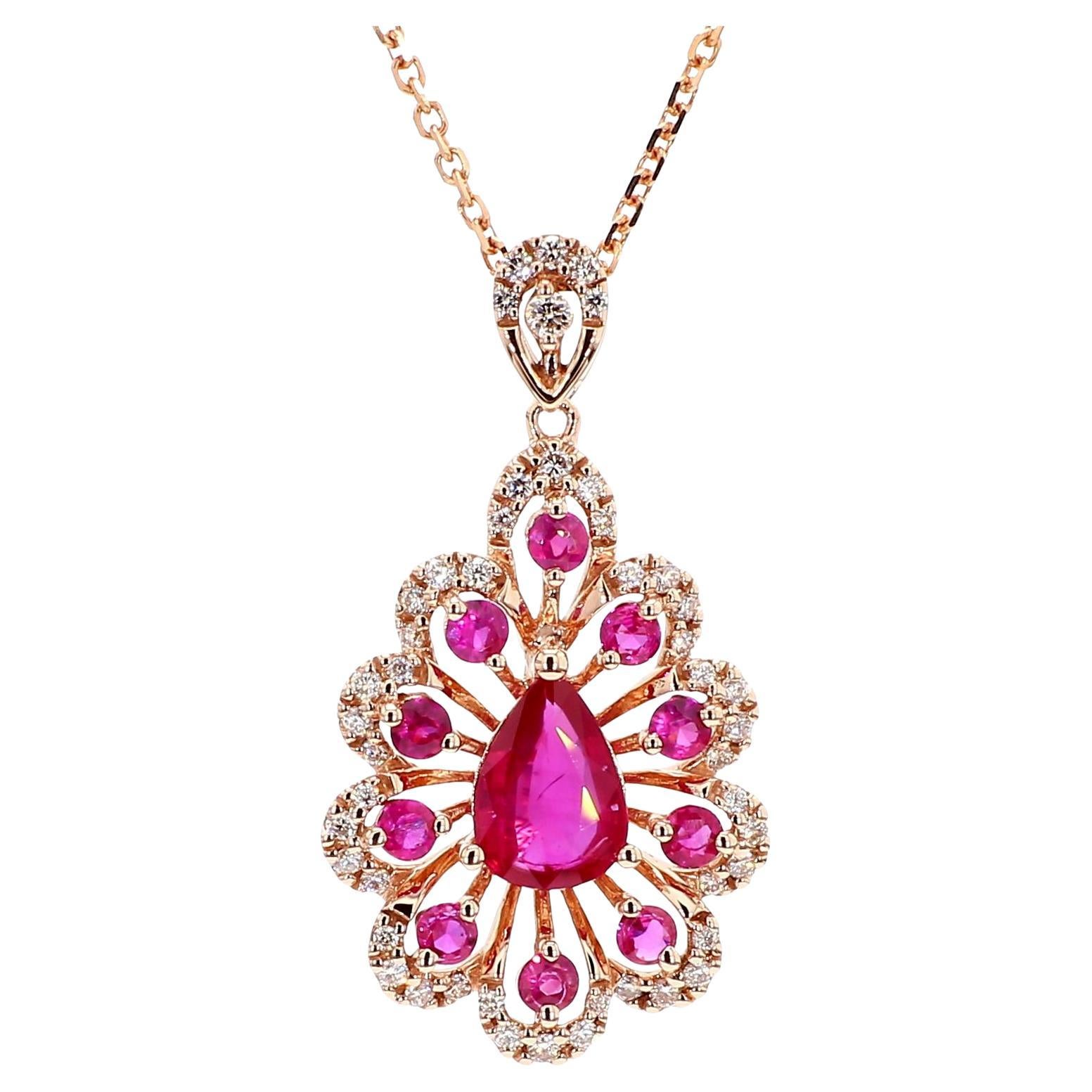 Colgante de oro en forma de gota de rubí rojo pera natural y diamante blanco de 1,36 quilates TW