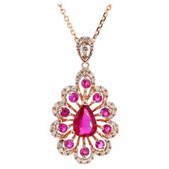 Pendentif en or avec rubis rouge poire naturel et diamant blanc de 1,36 carat poids total